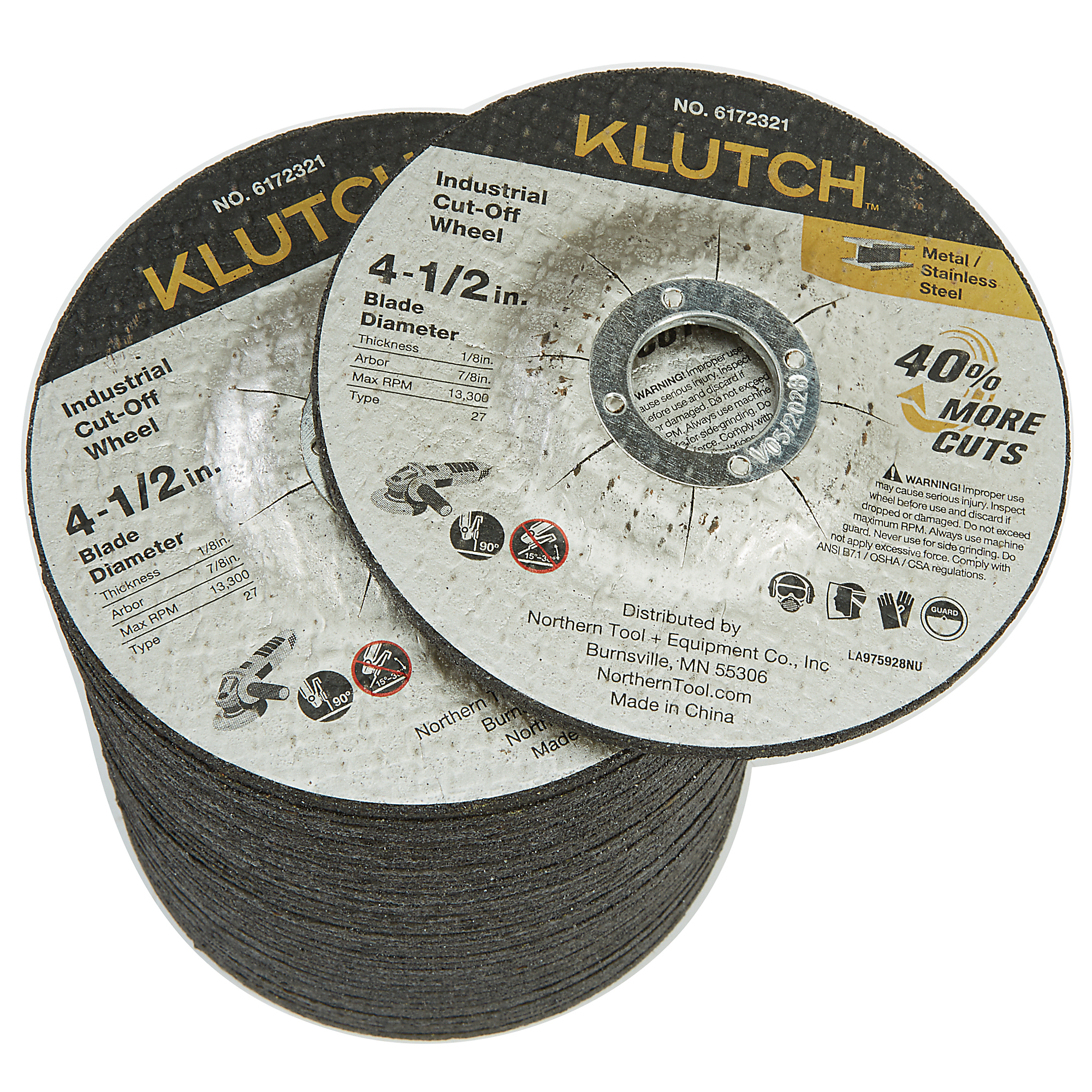 Klutch Industrial Metal Cutoff Wheels, 4-1/2in. x 1/8in. x 7/8in., Type 27, 40-Pk.